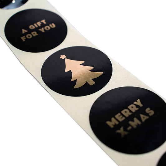 500x Sticker Merry X-mas assorti Zwart-Goud 40mm