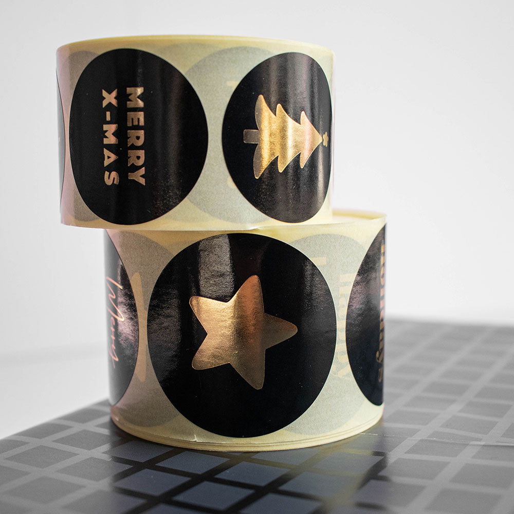 500x  Sticker Merry X-mas assorti Zwart-Goud 40mm