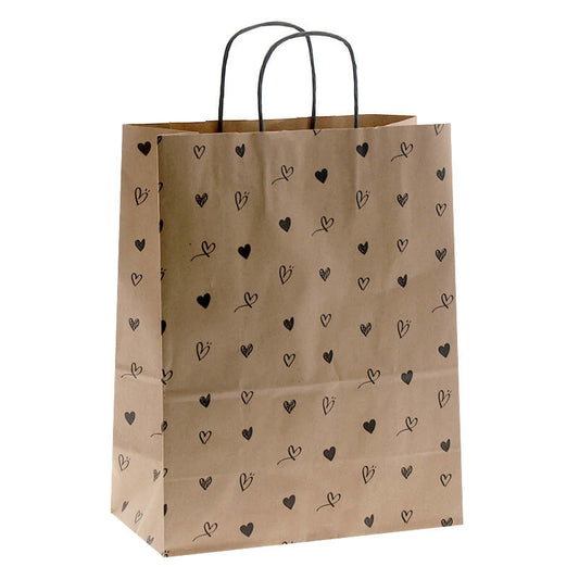 50x papieren tasjes Bruin + Hartjes A4