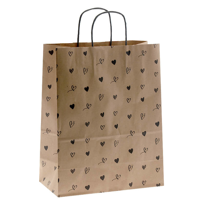 50x papieren tasjes Bruin + Hartjes A4