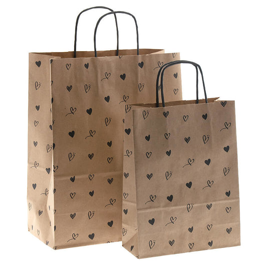 50x papieren tasjes Bruin + Hartjes A5