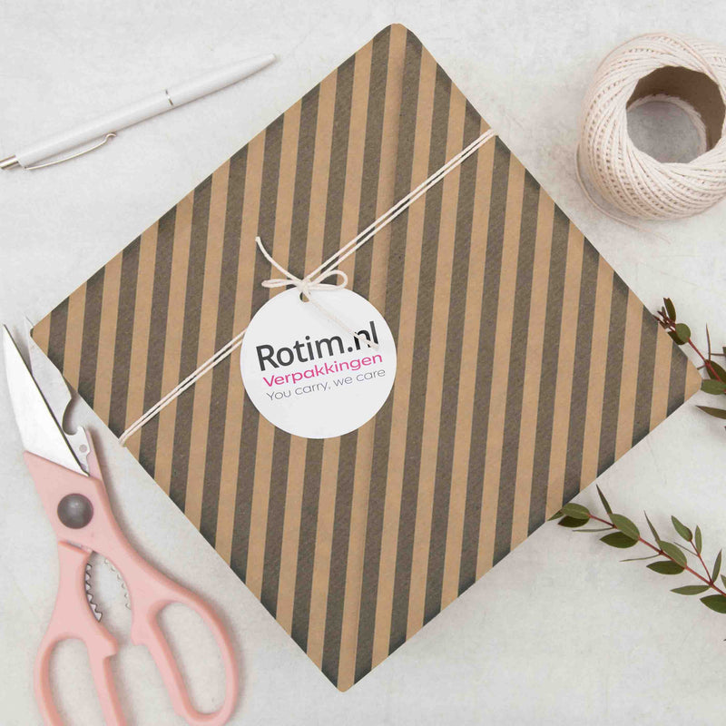 Inpakpapier Bruin kraft zwart effen + streepjes 30cm x 200mtr
