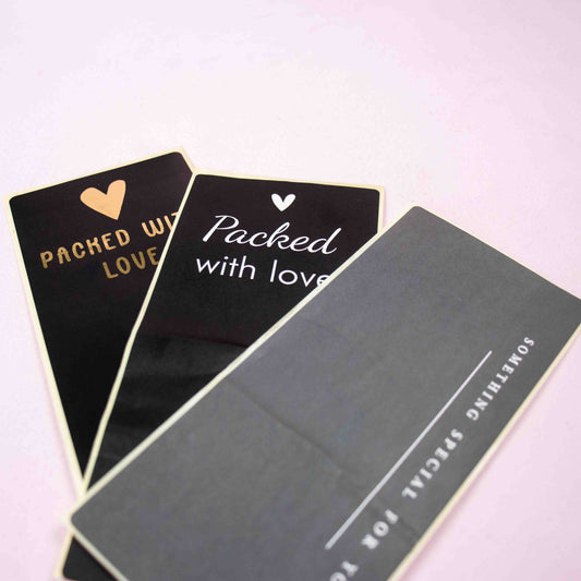 100x sluitsticker 'Packed with love' Zwart-Goud